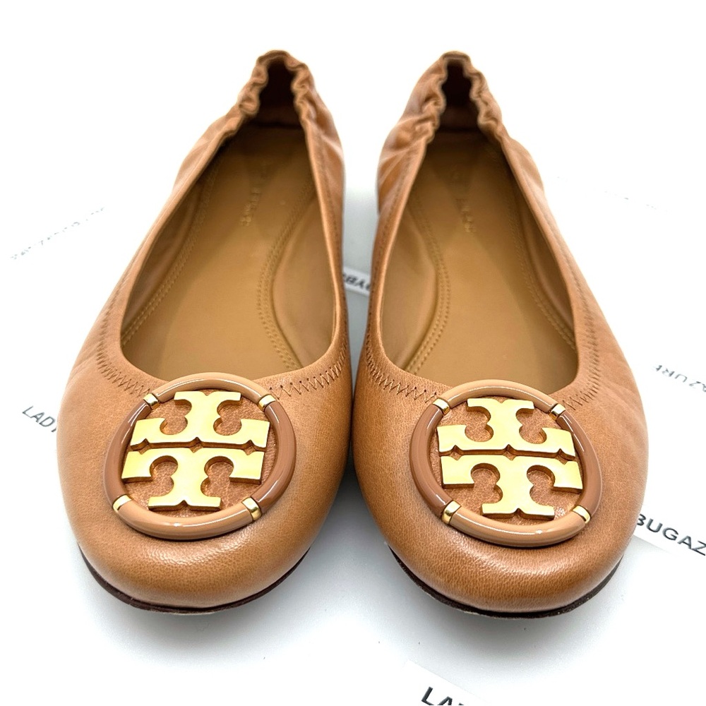 Tory Burch Multi-Logo Ballet Tan Flats Gold Logo - like new Size 7.5 w/dust bag